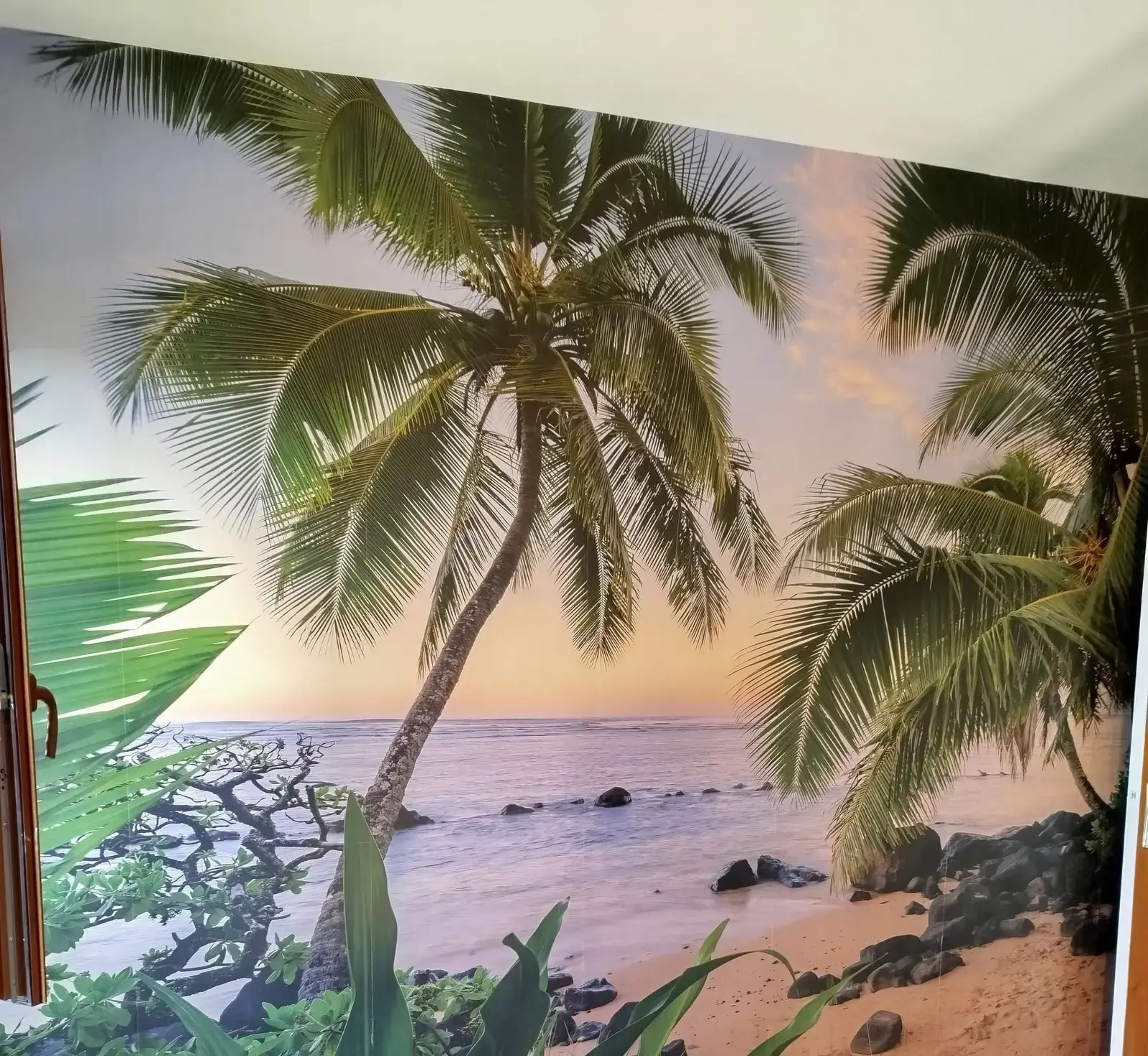Papier peint panoramique plage et palmiers au coucher du soleil